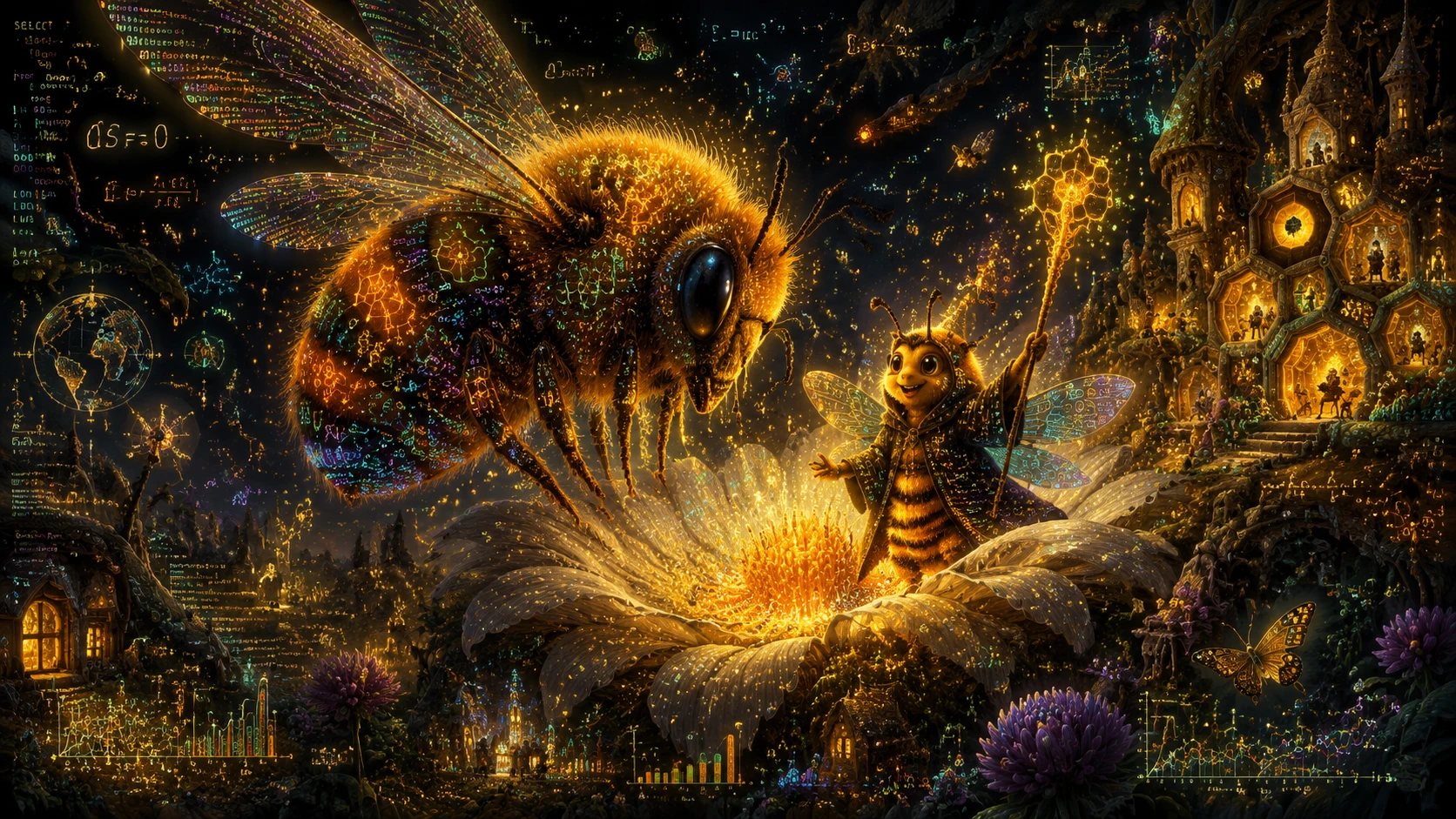Abejorro gigante sobre flor silvestre en un cielo luminoso lleno de datos