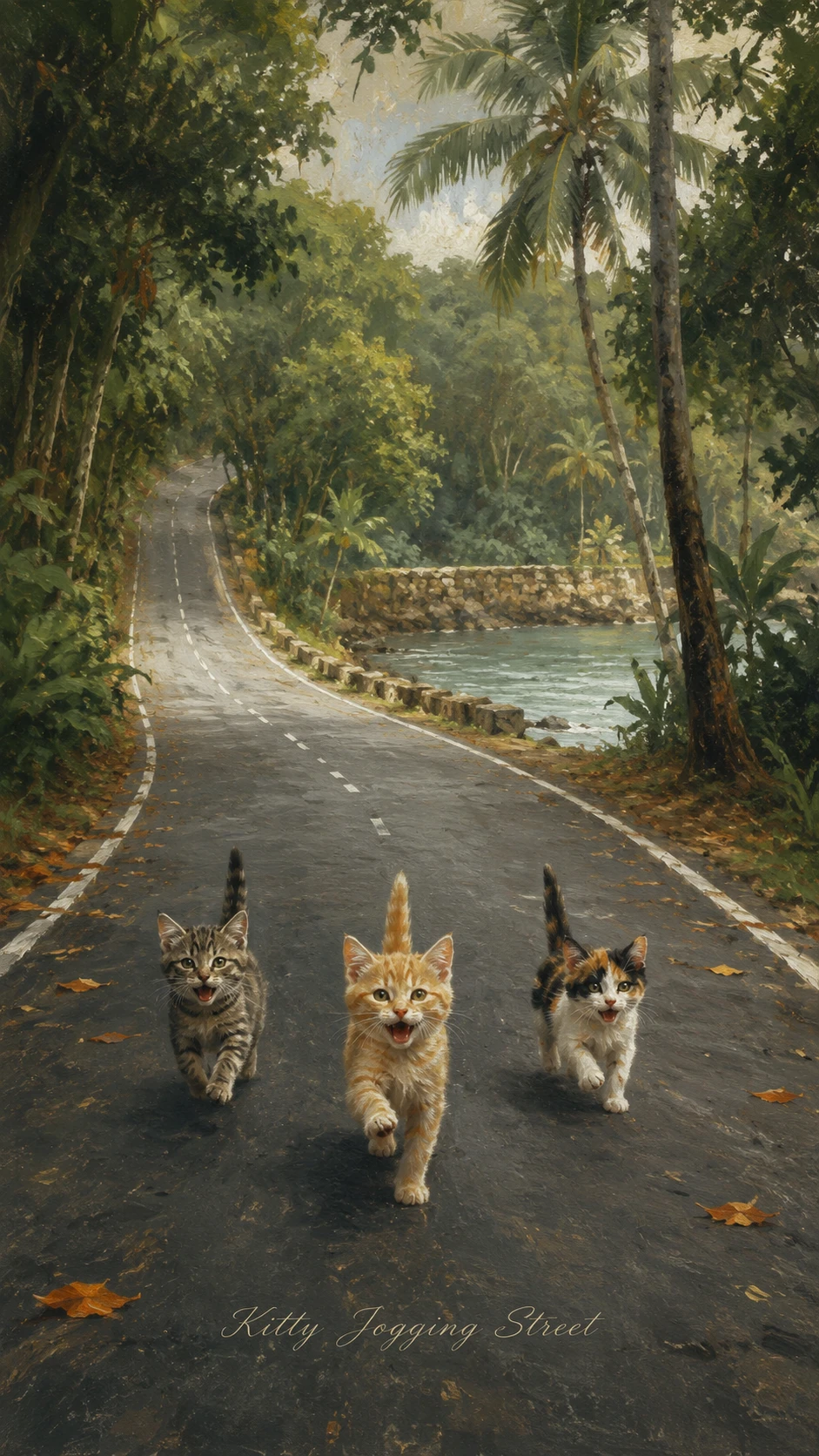 Gatos trotando por una carretera sinuosa en un bosque tropical