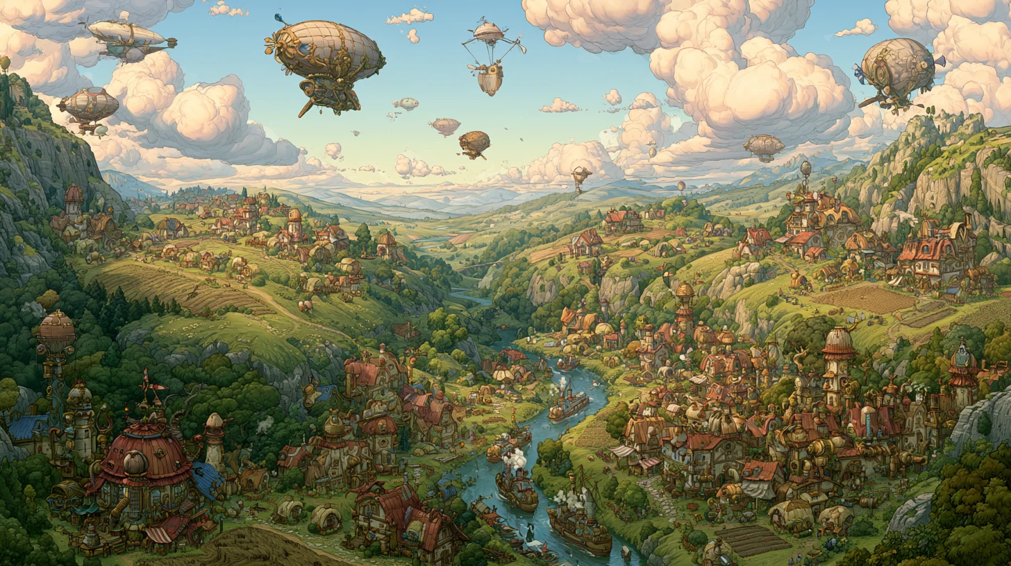 Whimsical Steampunk Town In A Sunlit Green Valley