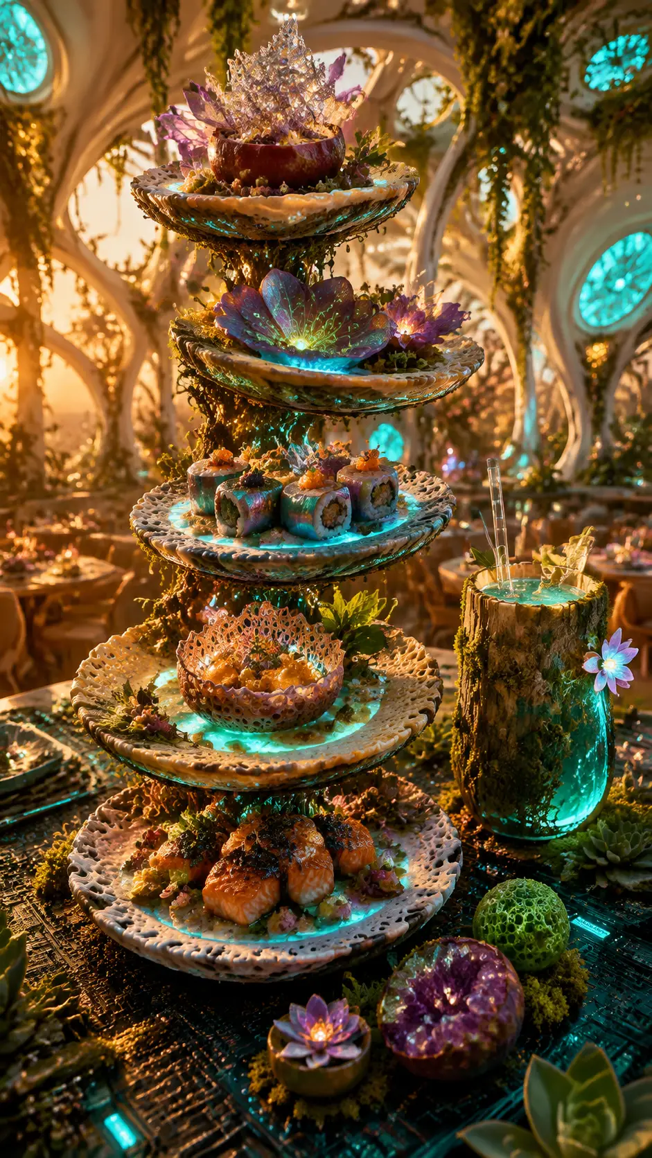 Torre de cocina futurista en el interior de un restaurante solarpunk