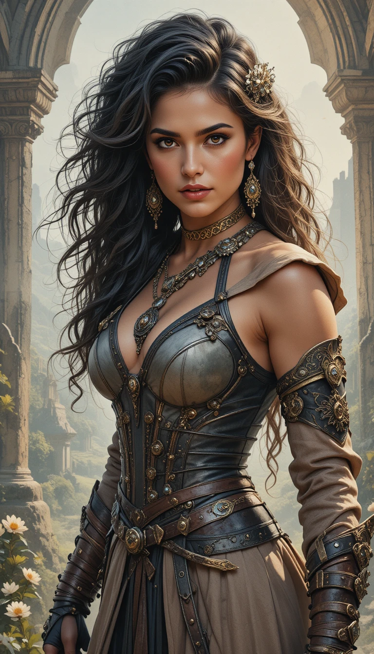 Guerrera medieval de pie, orgullosa, en un paisaje de fantasía