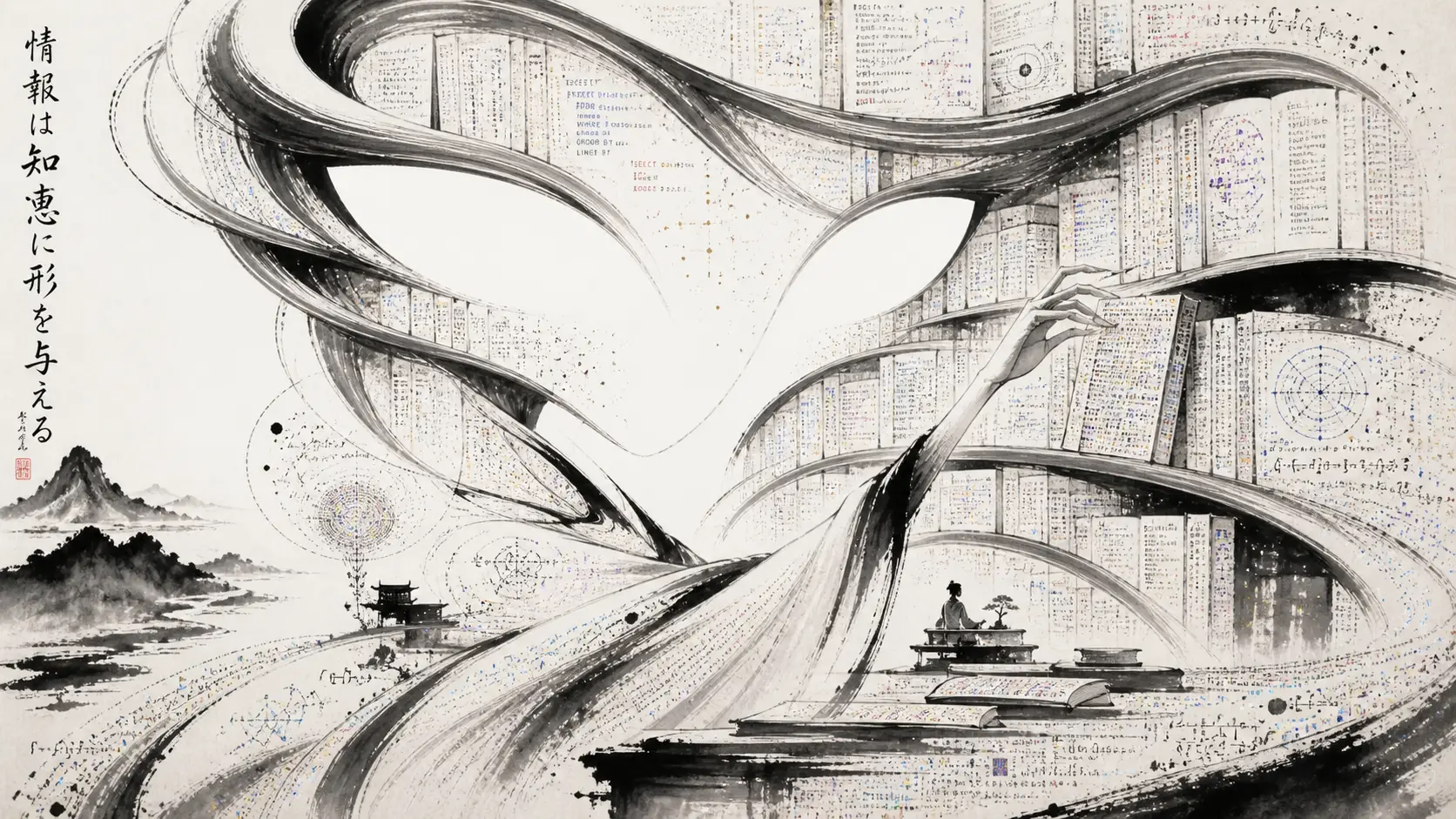 Bibliothécaire surréaliste tissé de traits calligraphiques et de vides