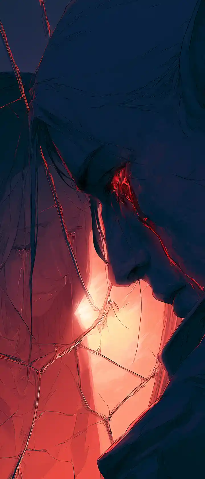Vampiro en primer plano llorando sangre frente a un espejo agrietado