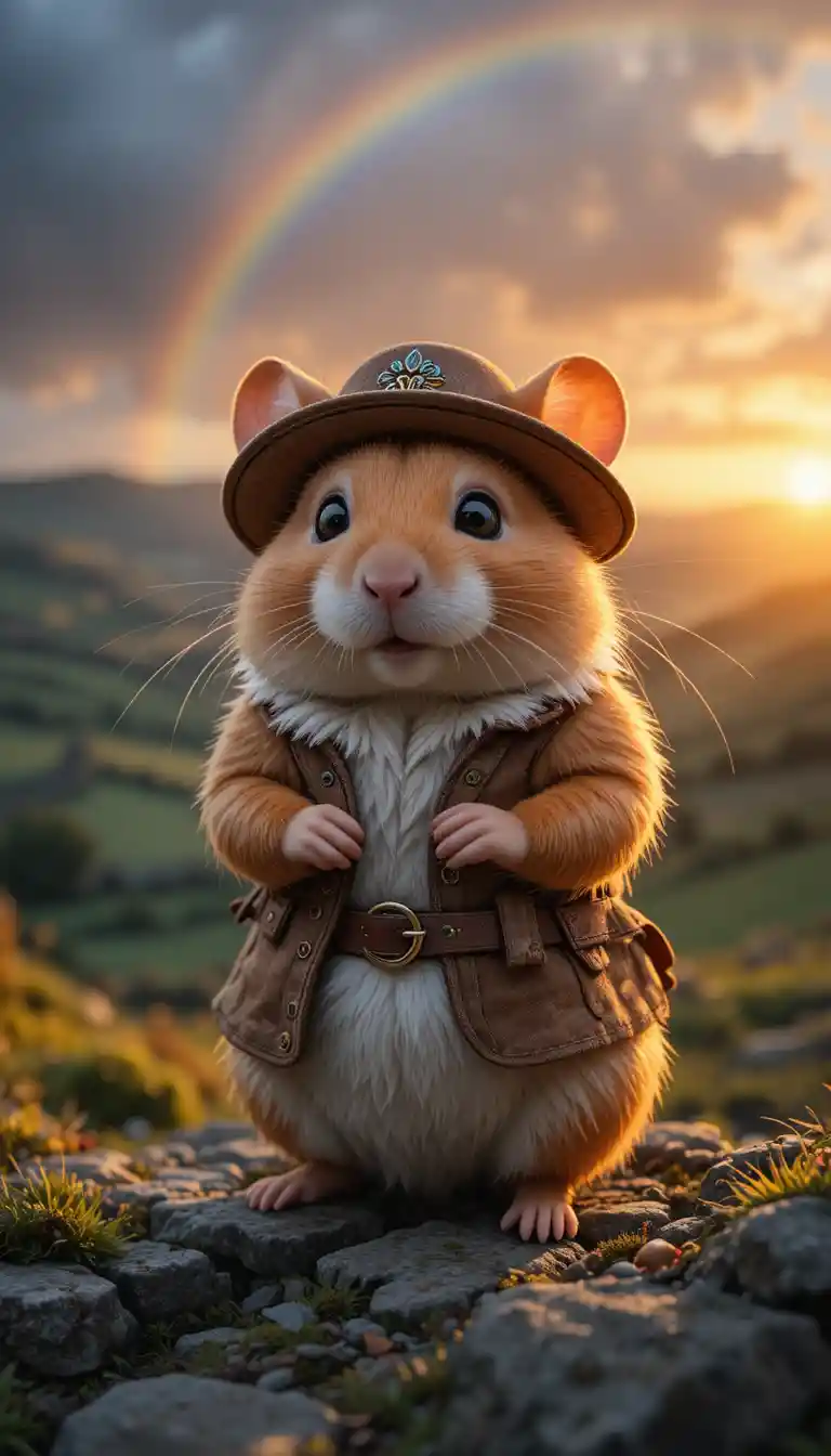 夕暮れのヨークシャーの谷を歩くかわいいオスのハムスター