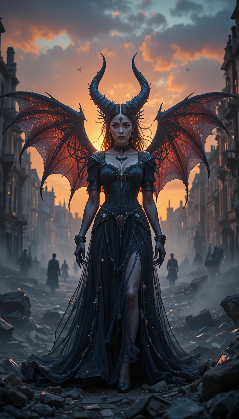Mujer demoníaca de pie entre las ruinas ardientes de una ciudad victoriana al anochecer