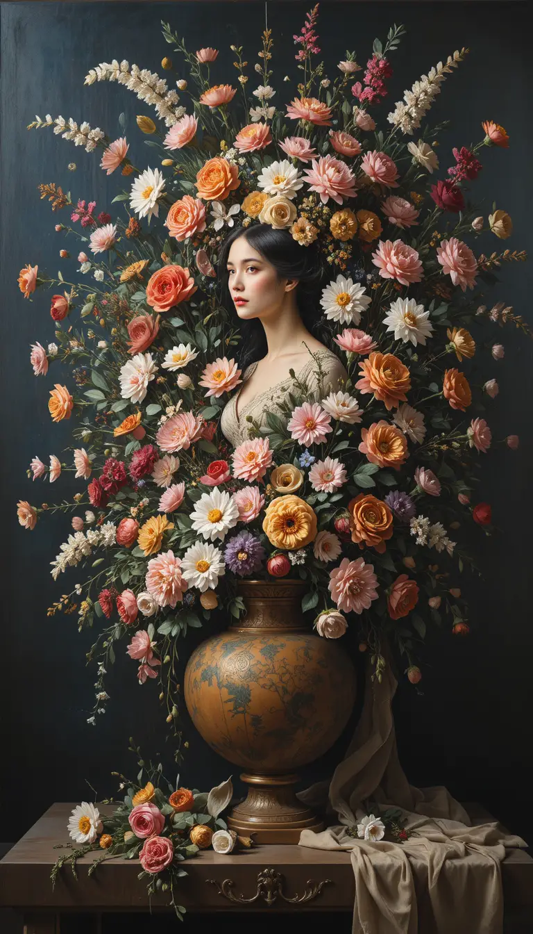 Contemplative woman beside explosive floral museum painting