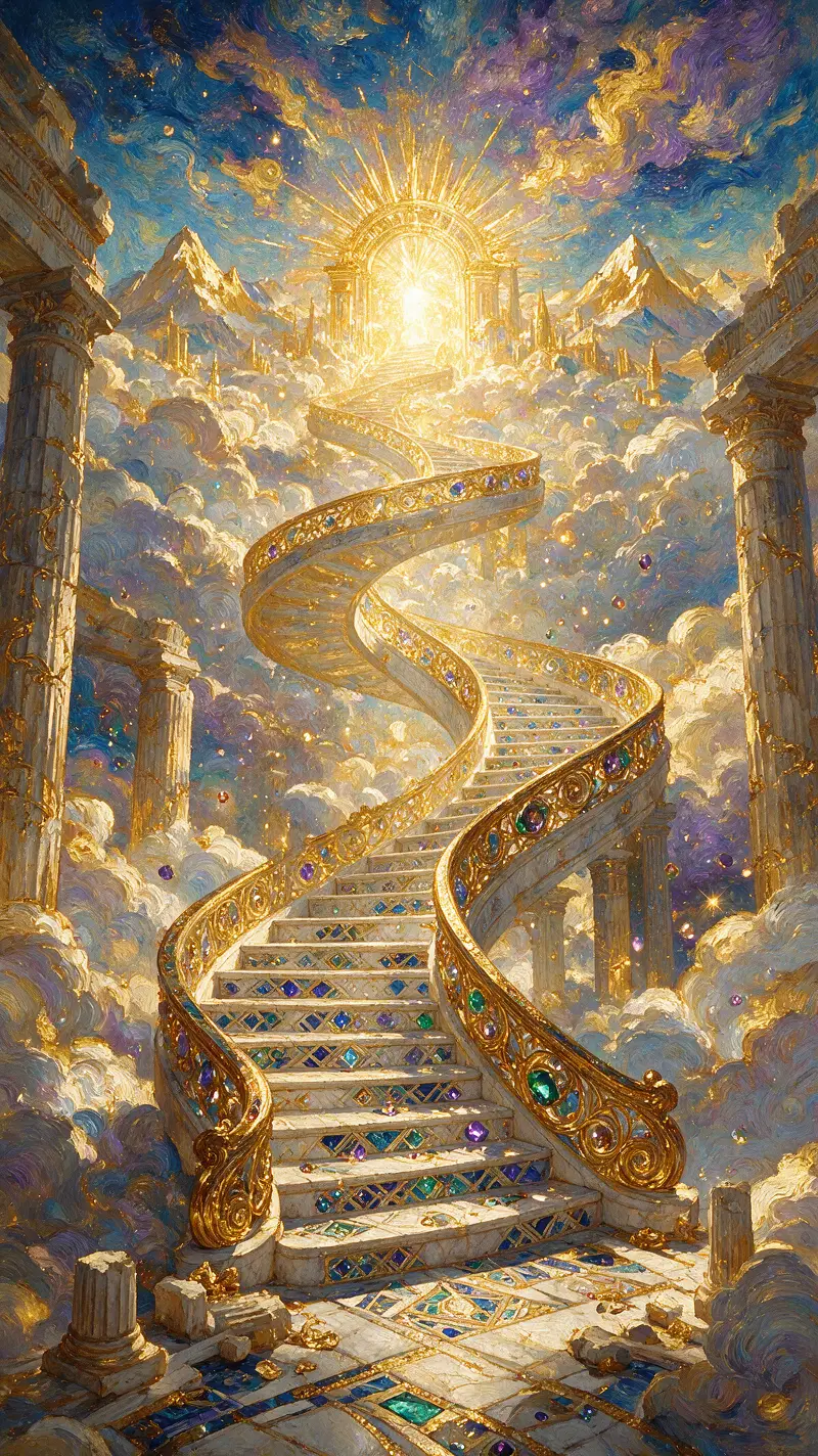 Escalera de caracol celestial que se eleva a través de un cielo fantástico ornamentado