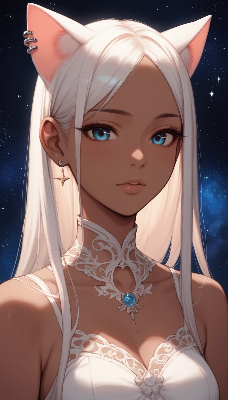 Primer plano de chica anime con ojos azules y orejas de gato en la galaxia