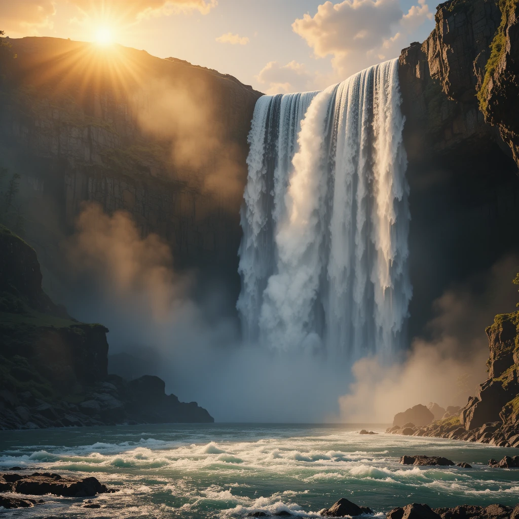 Imponente cascada que se precipita sobre oscuros acantilados de basalto al atardecer