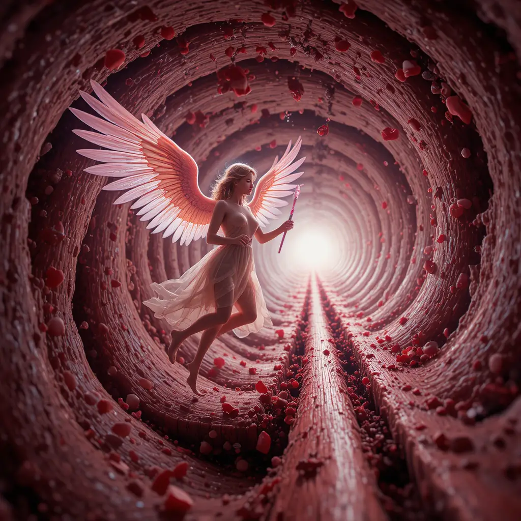 Ángel radiante limpiando placa dentro de una arteria humana