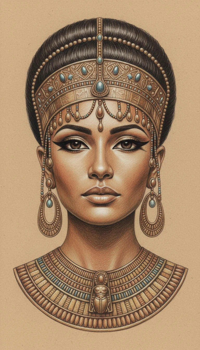 Retrato regio a lápiz de color de una antigua reina egipcia