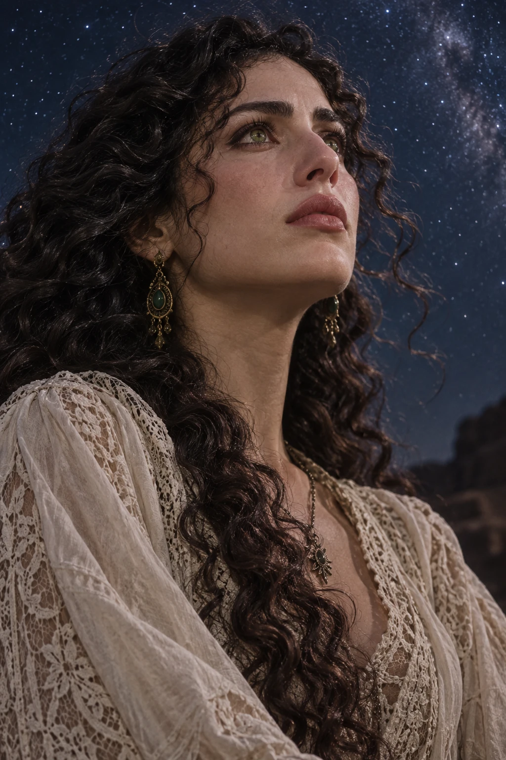 Mujer de Oriente Medio mirando hacia un cielo nocturno estrellado