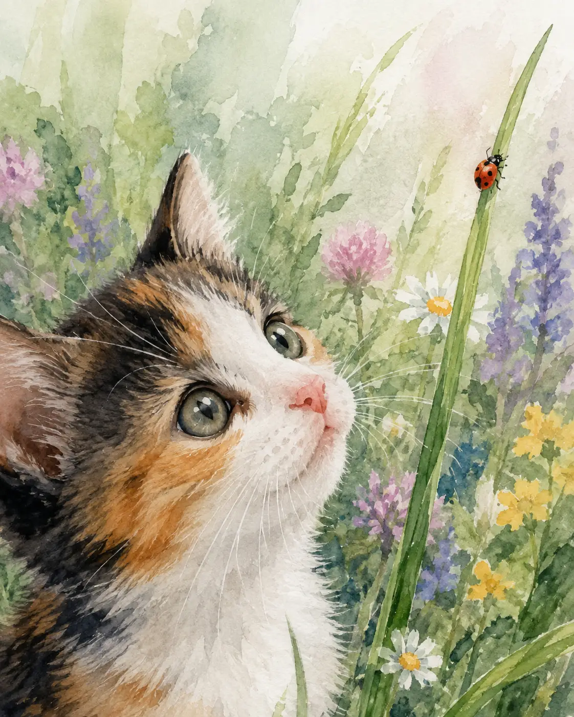 Gatito en acuarela mirando a una mariquita subir por una alta hoja de hierba