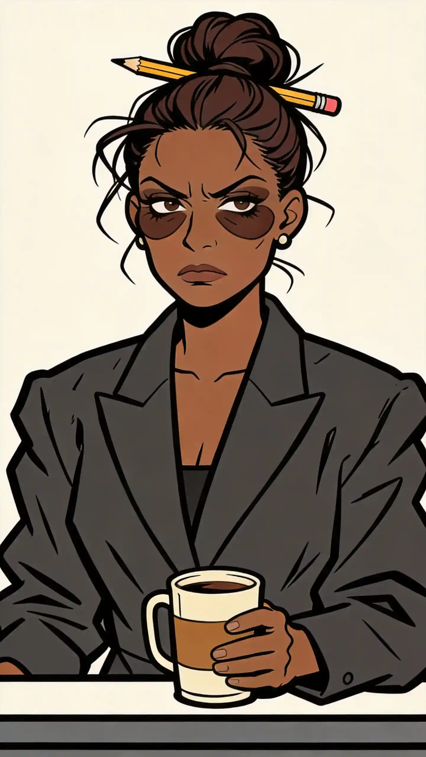 Annunciatrice del telegiornale a cartoni animati stanca con una tazza di caffè in diretta