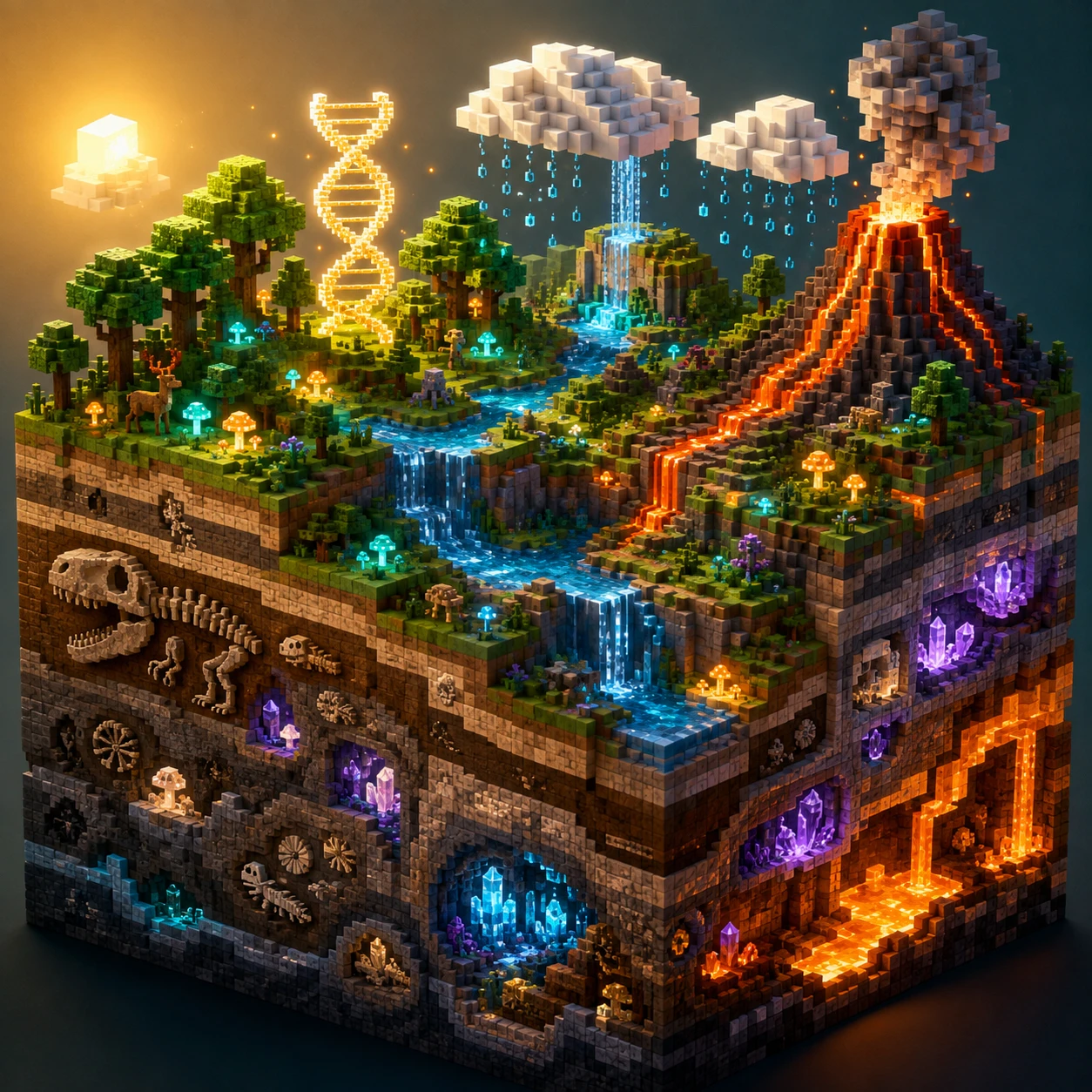 Sección transversal de ecosistema voxel con fósiles y ADN brillante