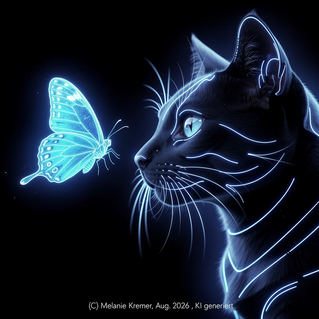 Perfil de gato negro con mariposa azul luminosa en la oscuridad