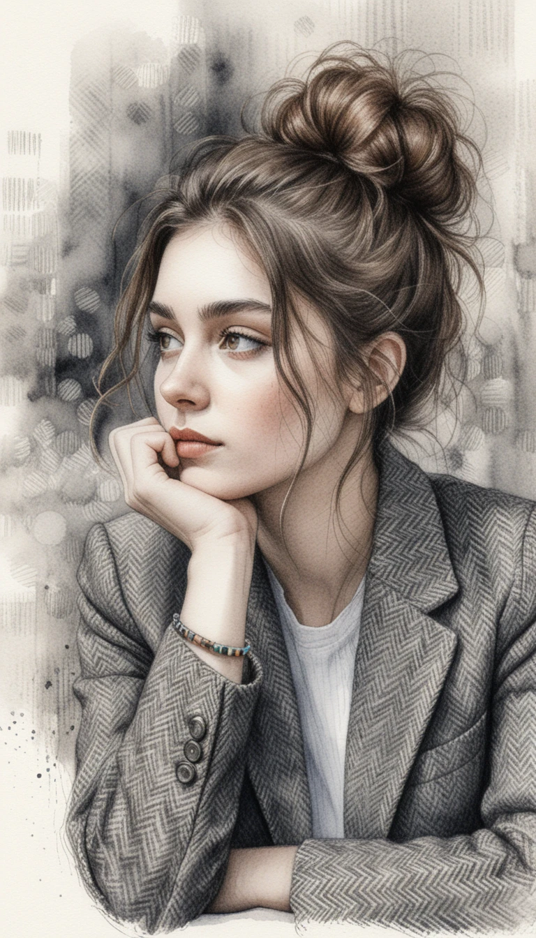 Thoughtful girl portrait in detailed ink crosshatching