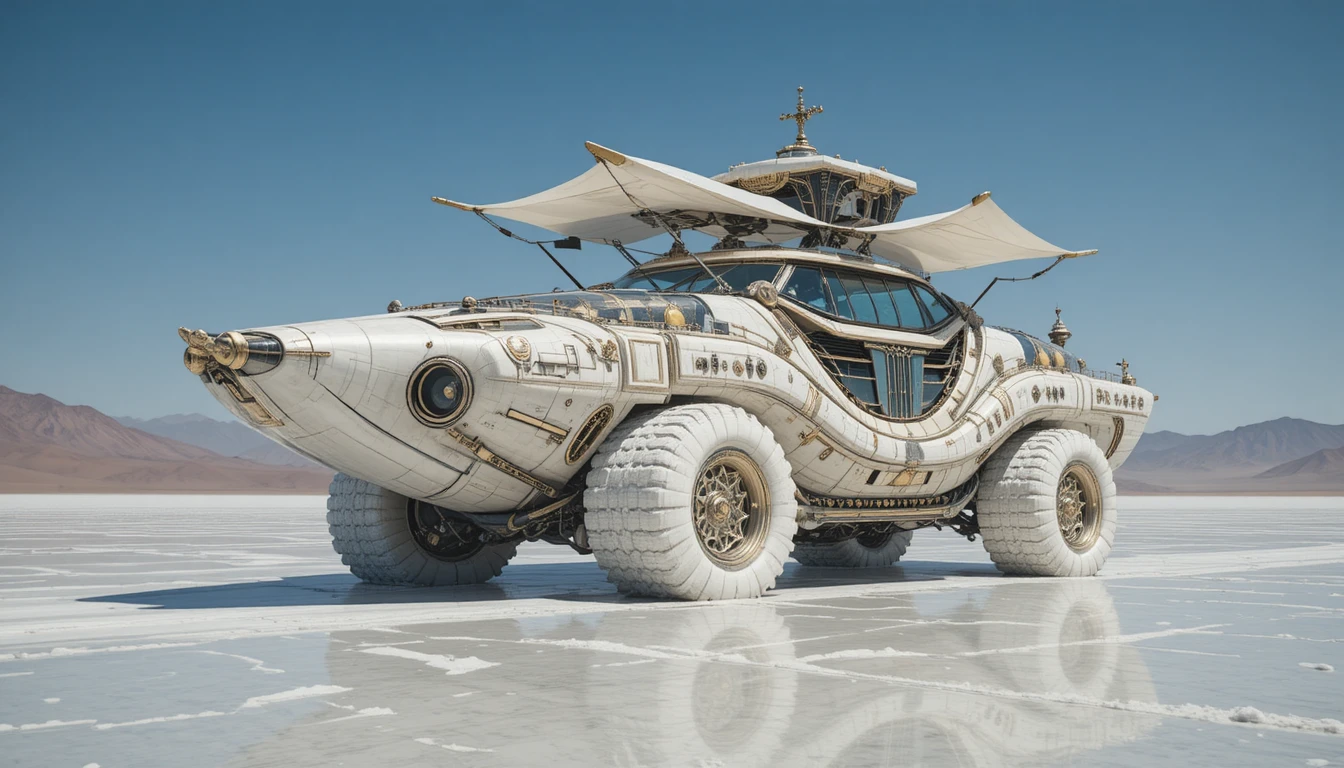 Majestuoso yate terrestre de lujo deslizándose sobre un brillante desierto de sal
