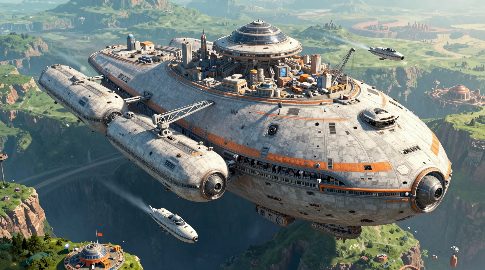 Gigantic cargo spaceship city approaching a verdant planet