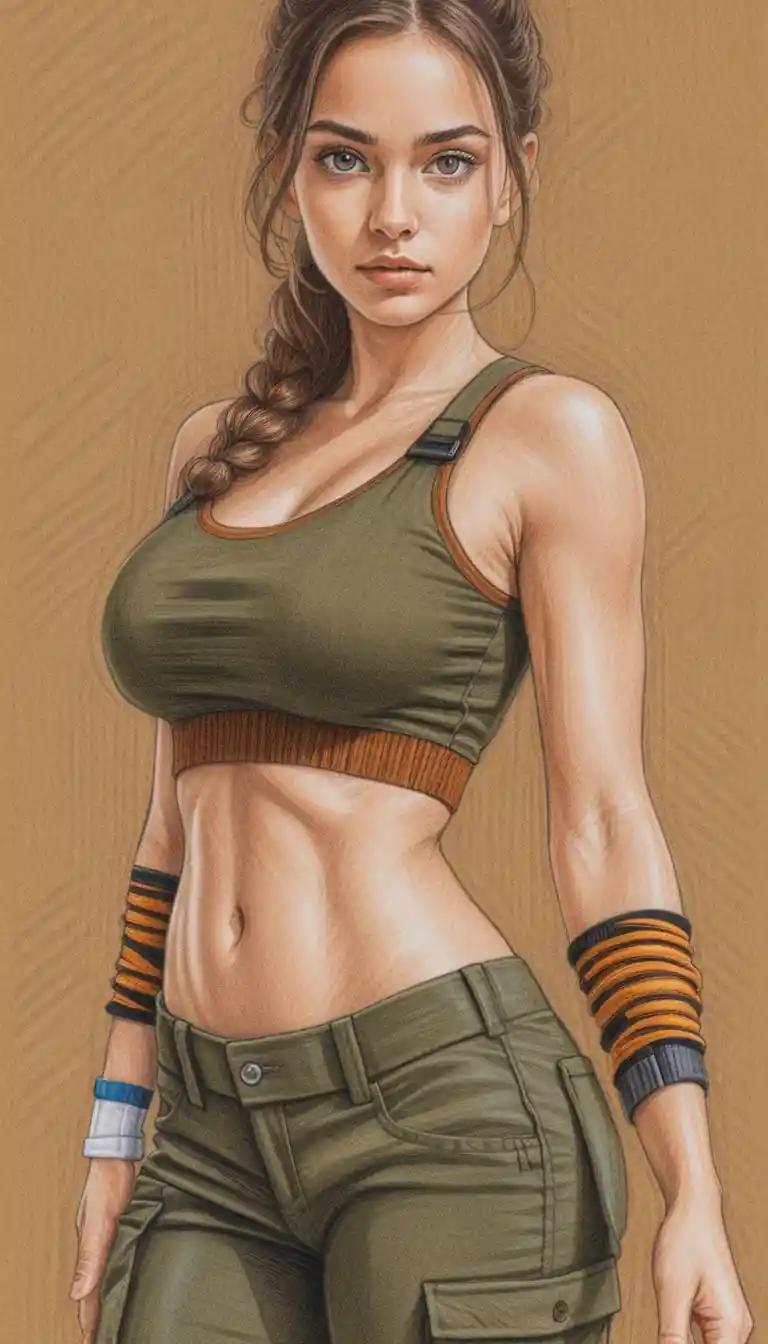 Retrato a lápiz de chica atlética con fondo oscuro rayado
