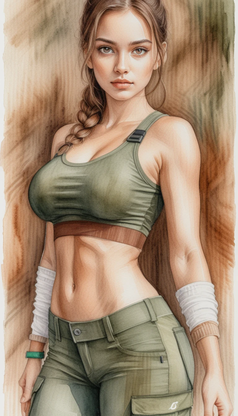 Athletic girl pencil portrait with dark hatched background
