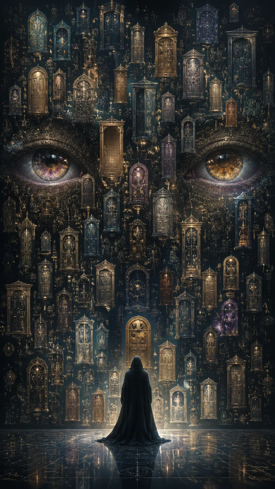 끝없는 화려한 문들 앞에 선 초자연적 수호자