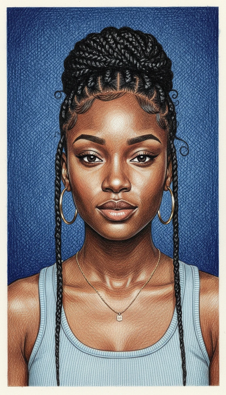 Retrato de chica negra con trenzas en ilustración a lápiz azul