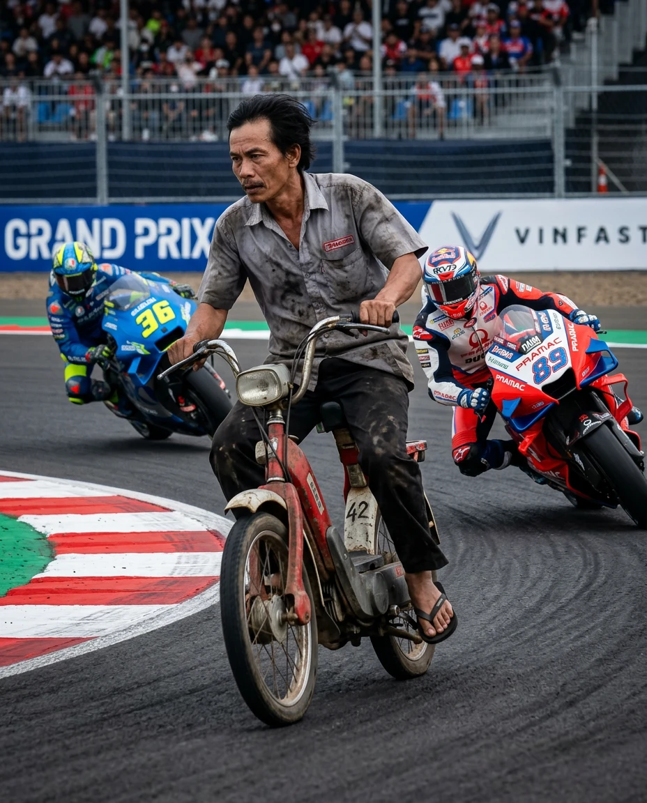 Hombre de mediana edad corriendo en una pequeña motocicleta en pista