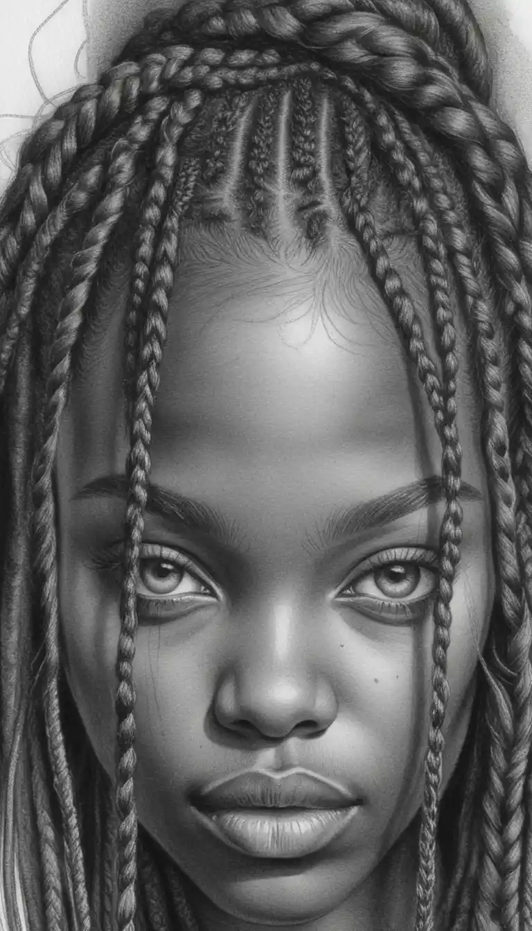 Retrato en grafito en primer plano de una mujer joven con trenzas