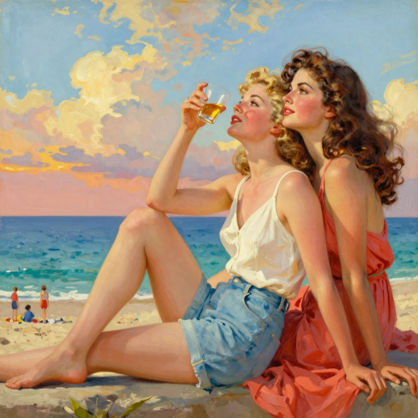 Mujeres vintage junto al mar relajándose en la cálida luz del atardecer