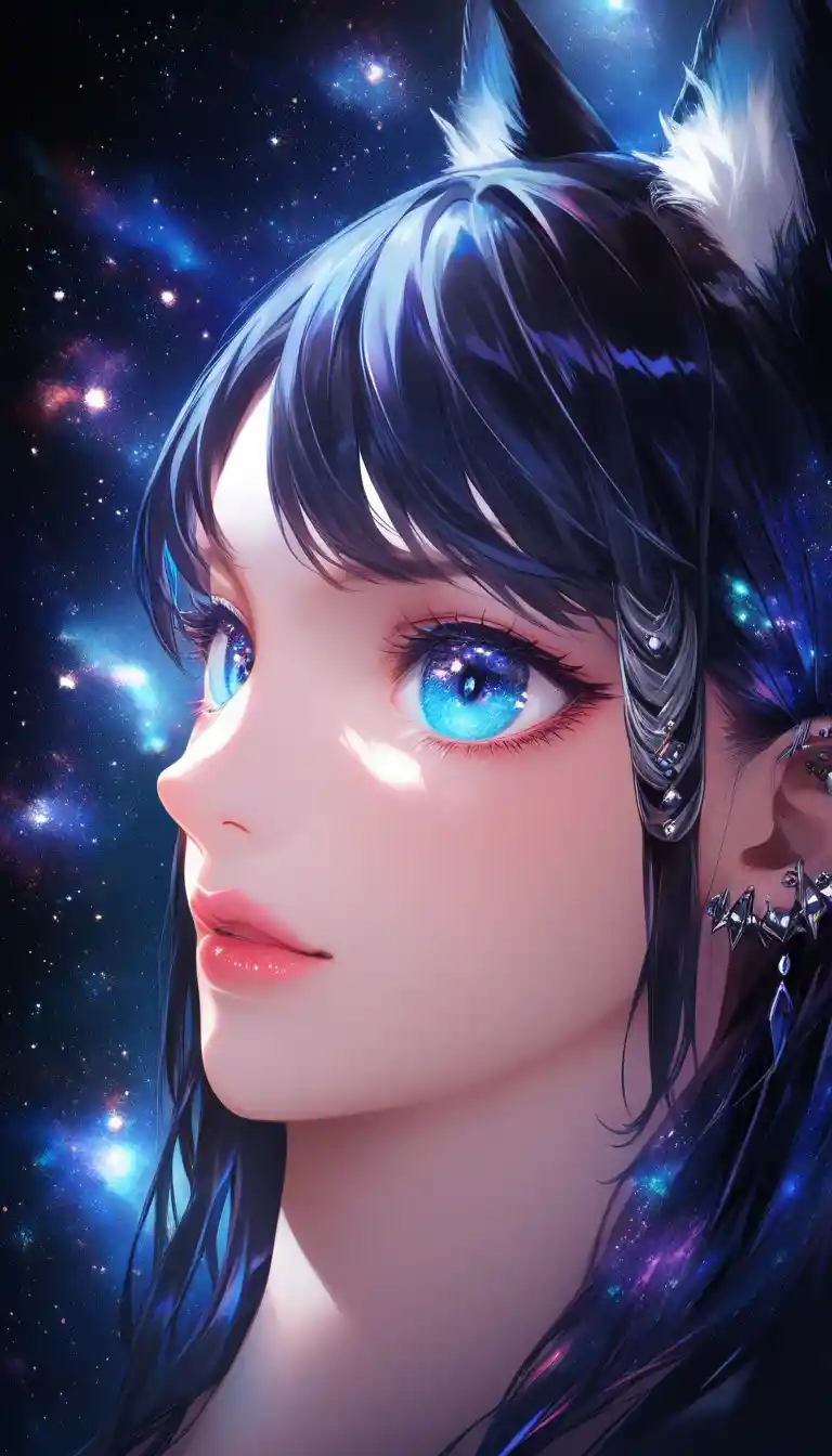 青い瞳と猫耳のアニメ少女のクローズアップ