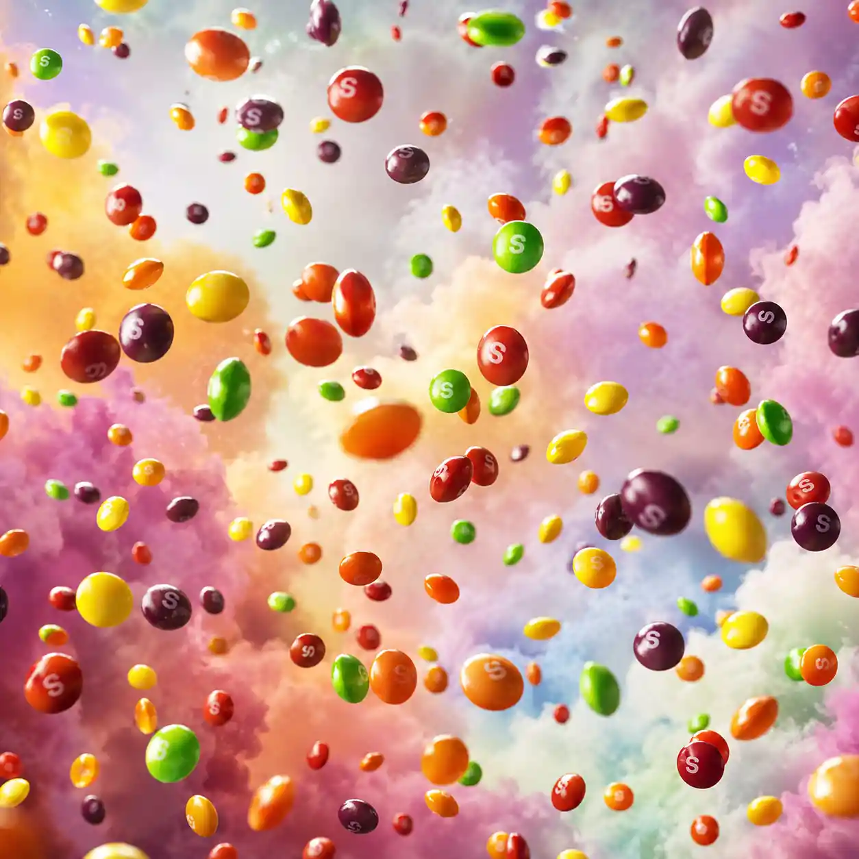Caramelos Skittles de colores cayendo sobre un fondo de nubes en tonos pastel