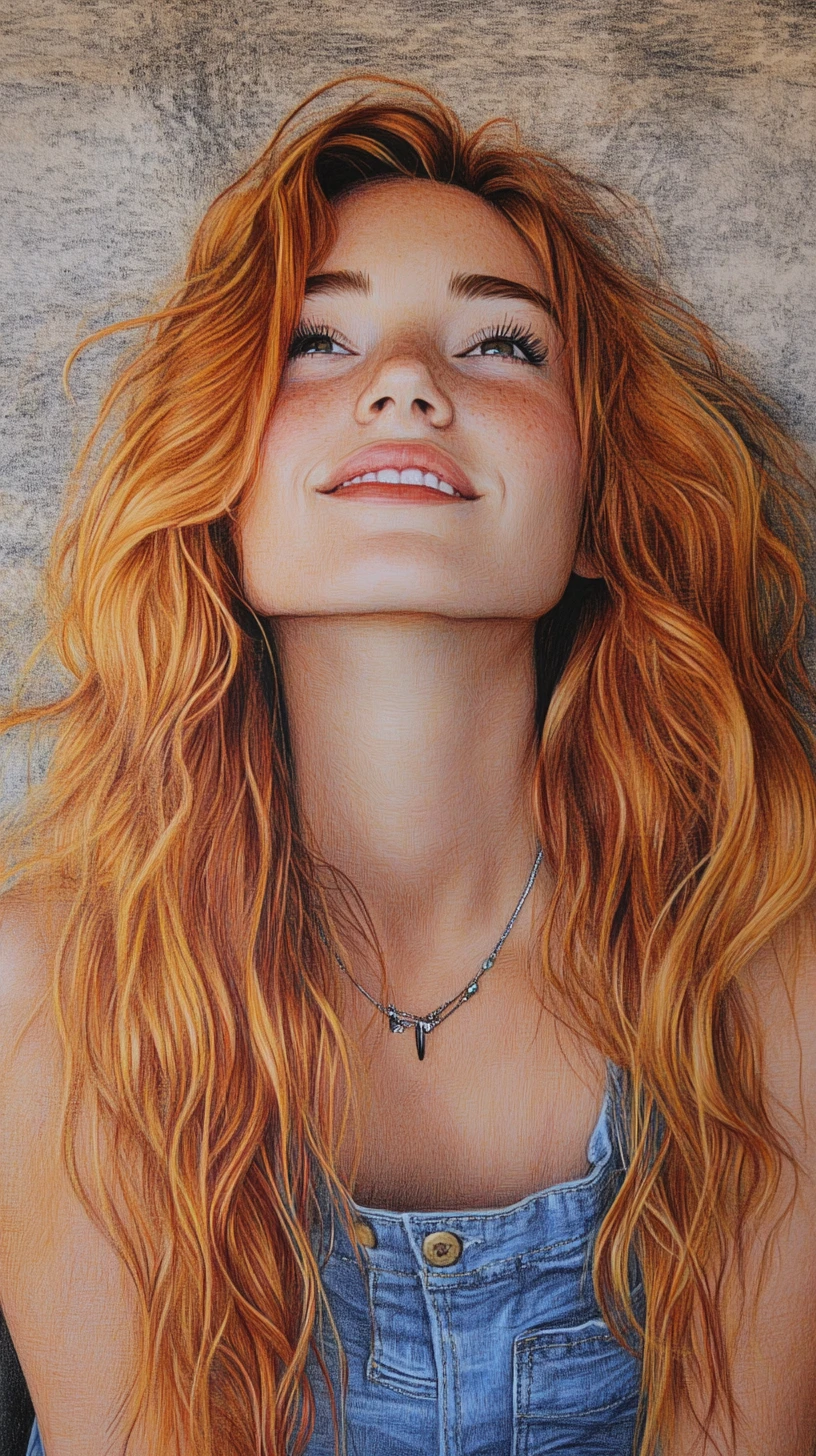 Low angle color pencil portrait of a smiling young woman