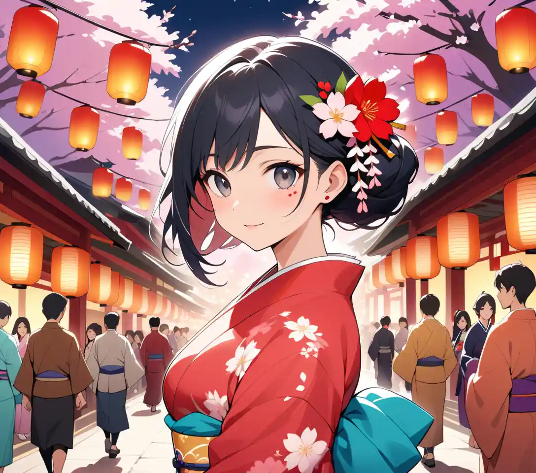 Mujer elegante con kimono caminando por un festival japonés