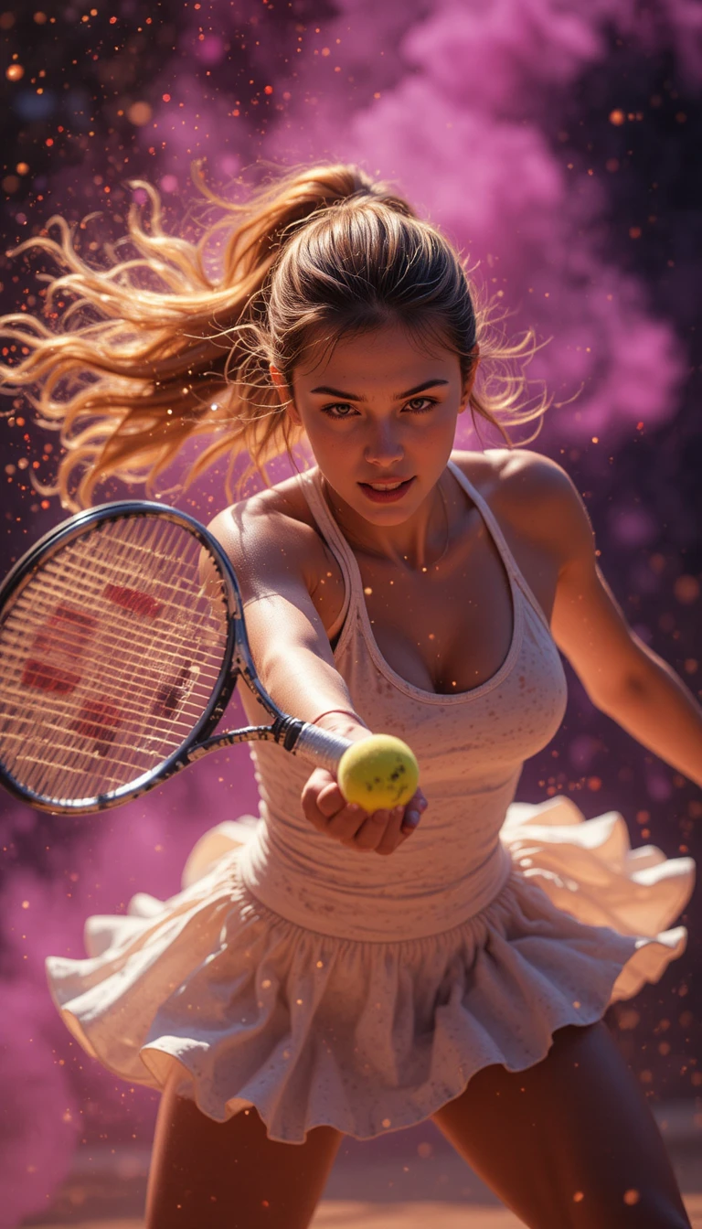 Female tennis player striking the ball through glowing dust