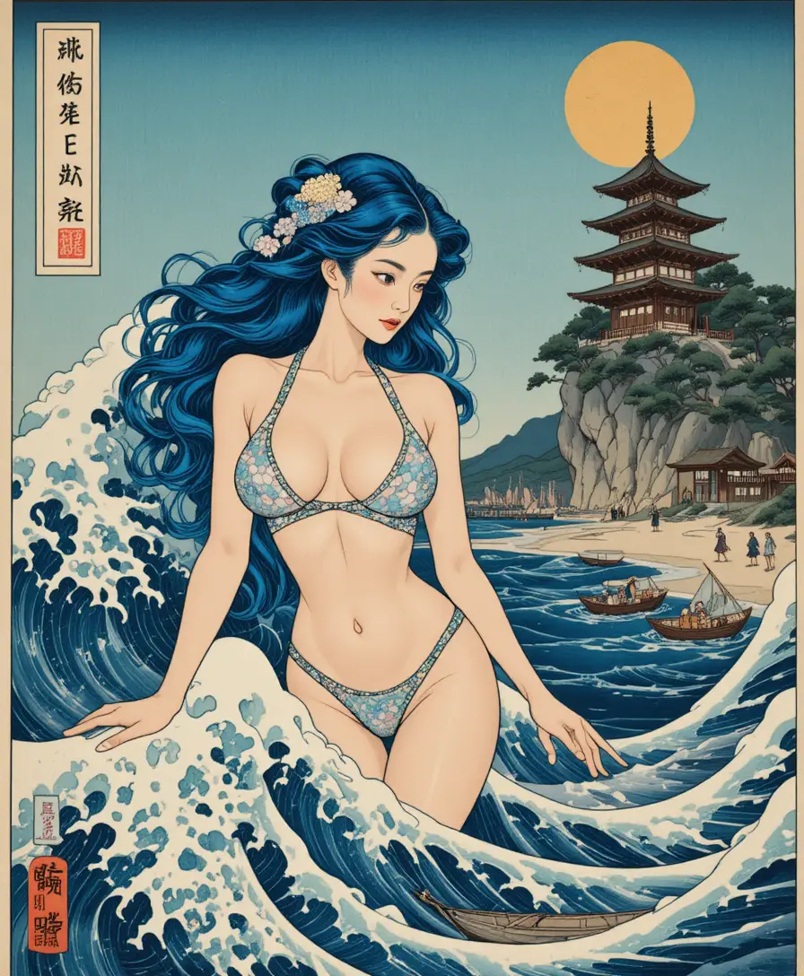 Deidad acuática ukiyo-e que emerge de turbulentas olas del océano