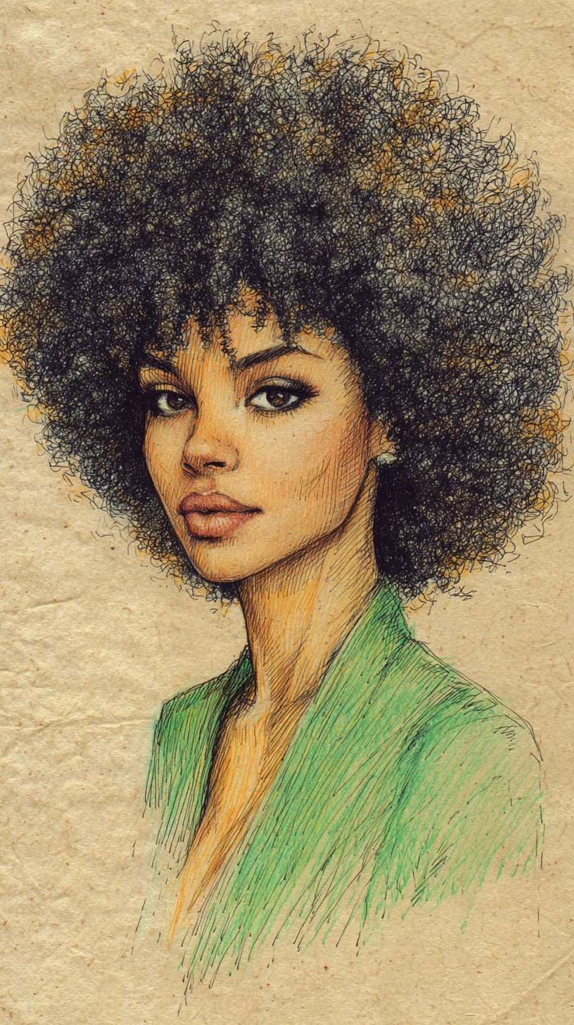 Serene close up portrait of a black woman with afro hair