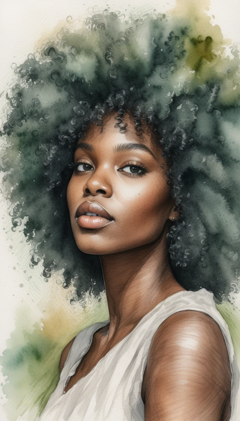 Serene black woman close up with voluminous afro drawing