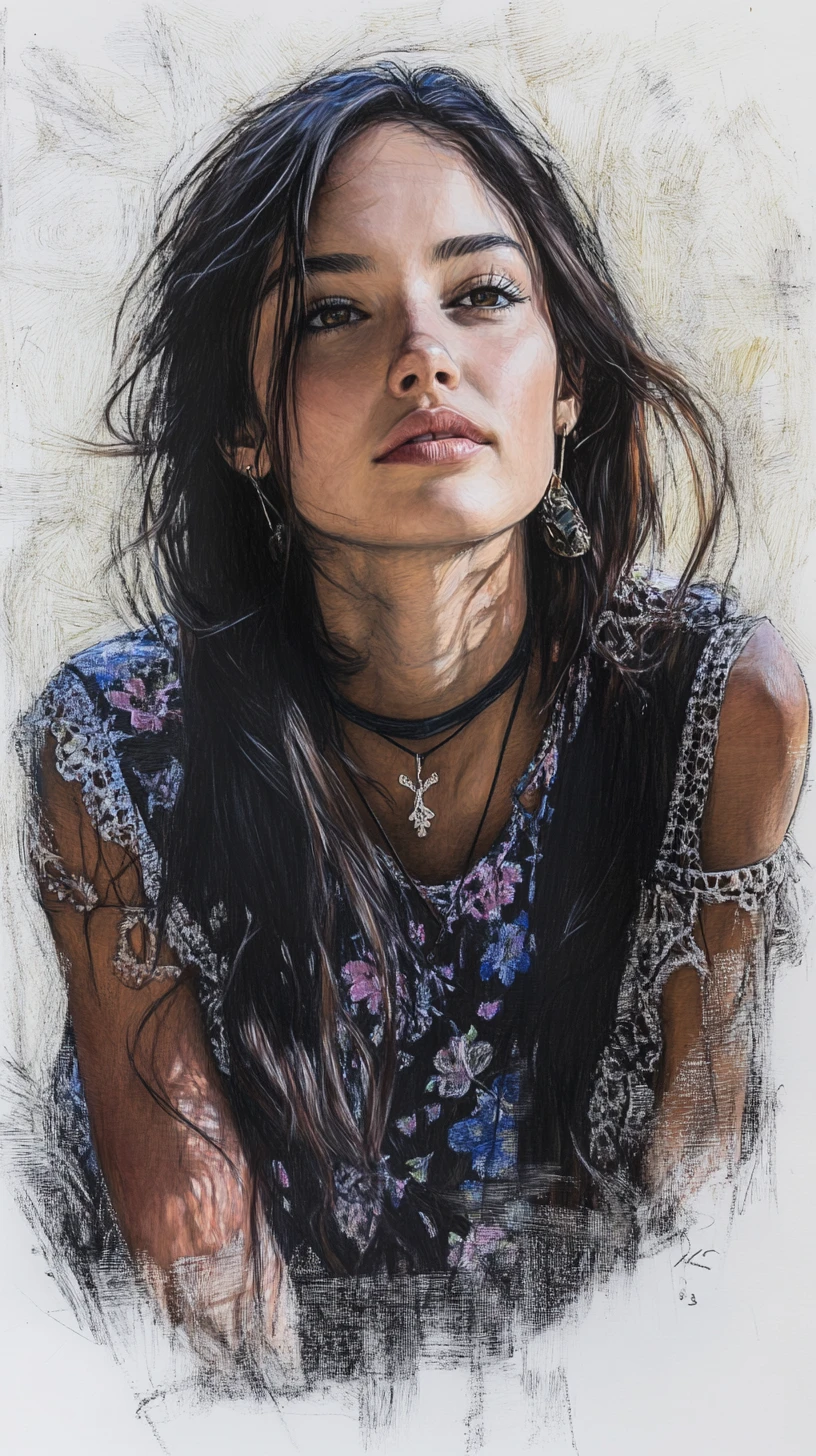 Ink portrait of a young woman with floral mesh top
