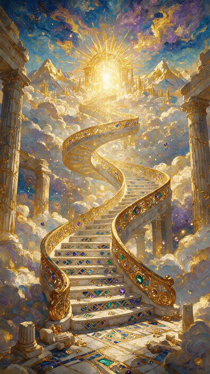 Escalera de caracol celestial que se eleva a través de un cielo fantástico ornamentado