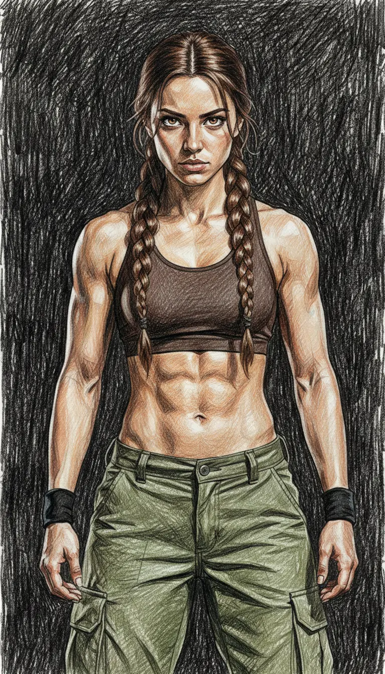 Portrait au crayon d’une fille athlétique avec ombrage hachuré détaillé