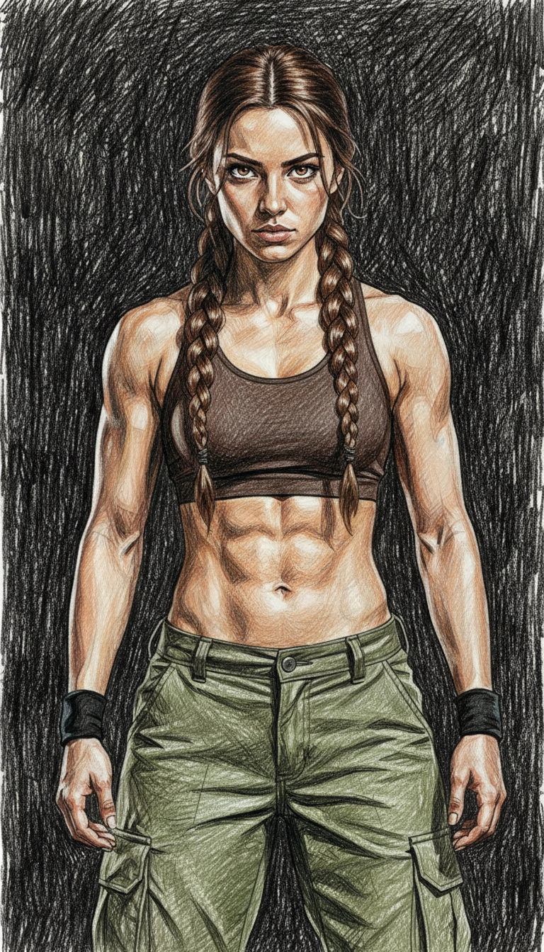 Retrato a lápiz de chica atlética con sombreado tramado detallado