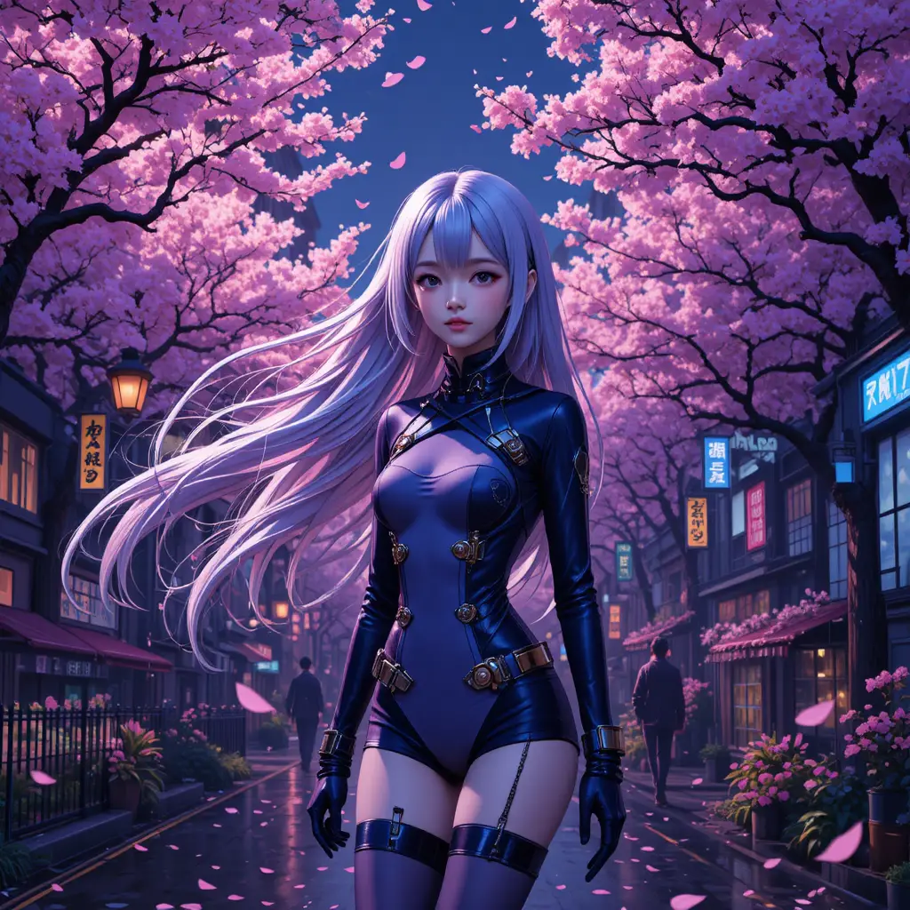 Chica de anime de cabello plateado entre flores de cerezo