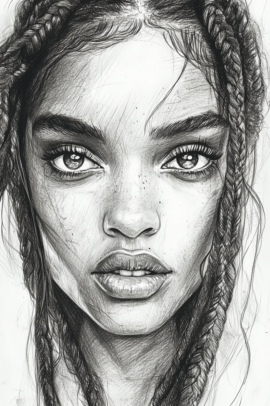 Close up graphite portrait of a young woman with braids