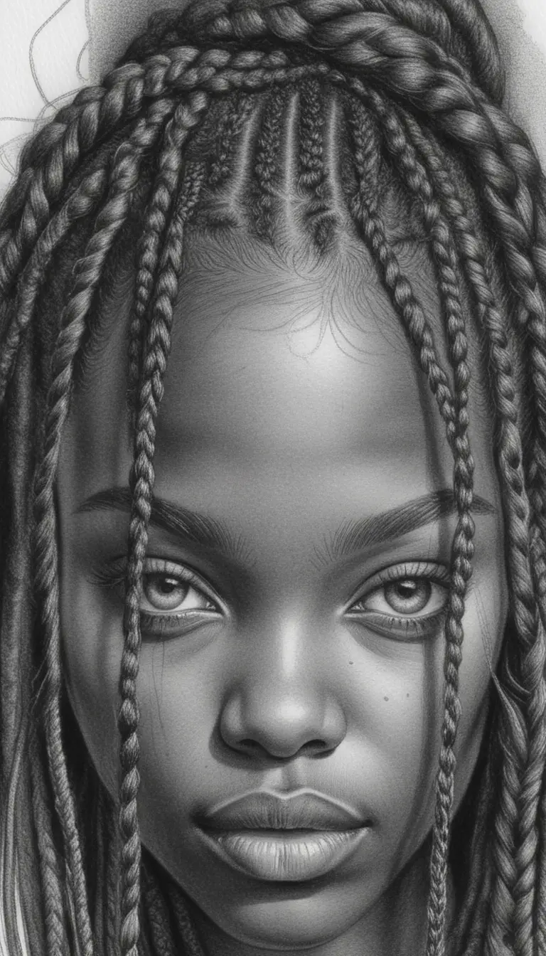 Portrait en gros plan au graphite d’une jeune femme avec des tresses