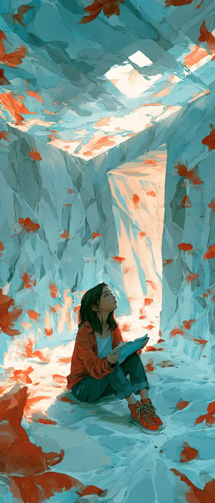 Chica en una habitación surrealista de agua fluida y peces