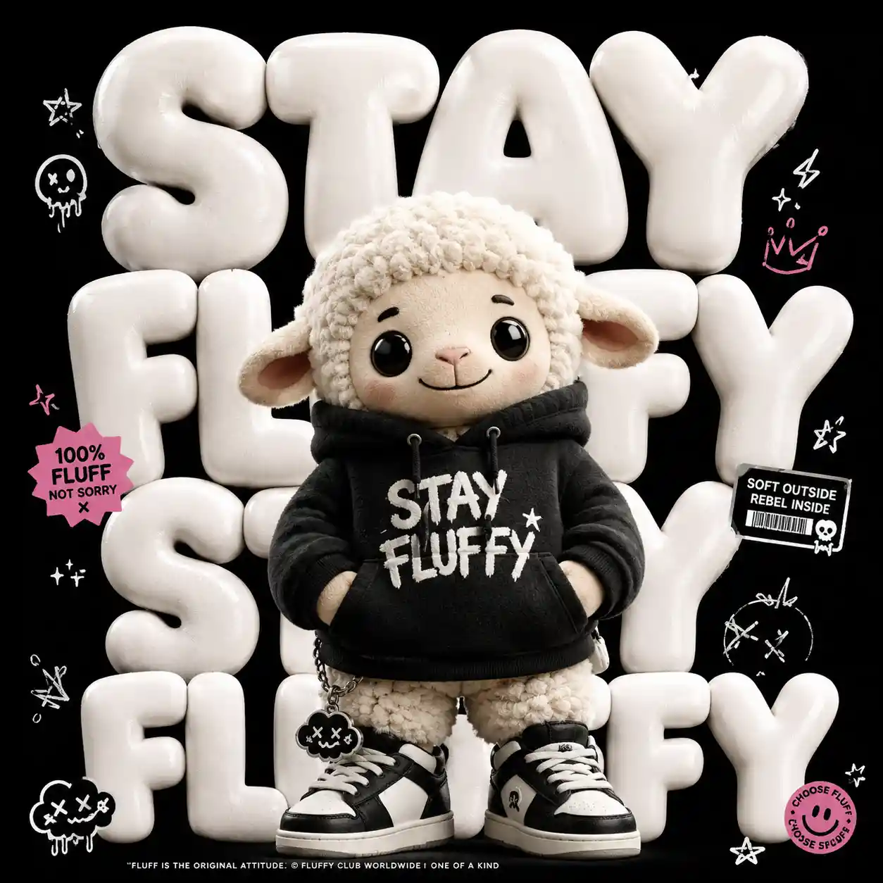 Oveja de peluche adorable con suéter negro y texto 3D en negrita