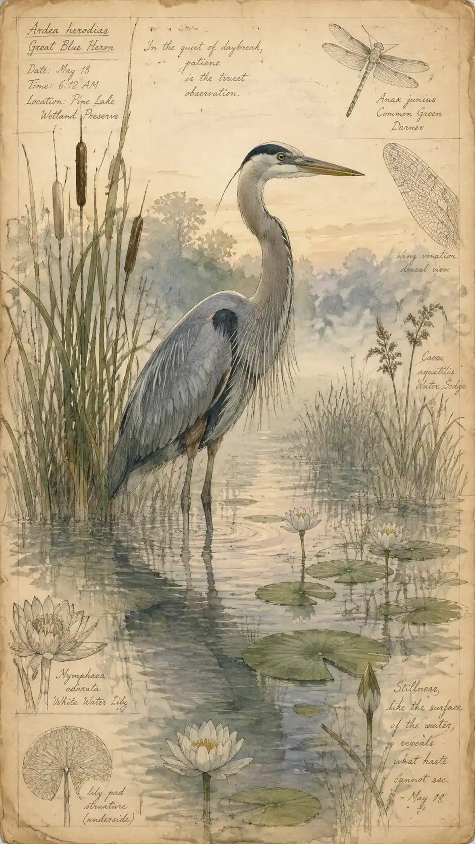 Garza azul grande en humedal brumoso – ilustración de cuaderno de campo