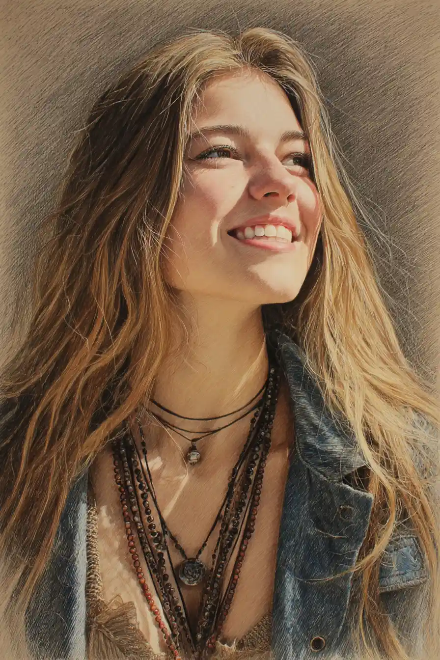 Retrato a lápices de colores de una chica sonriente en ángulo bajo