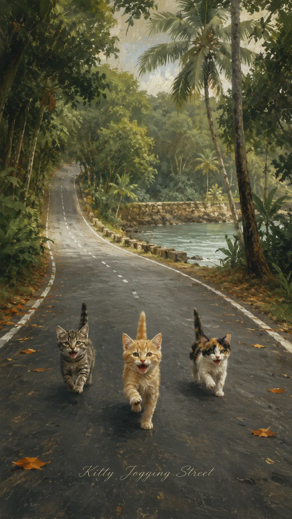 Gatos trotando por una carretera sinuosa en un bosque tropical